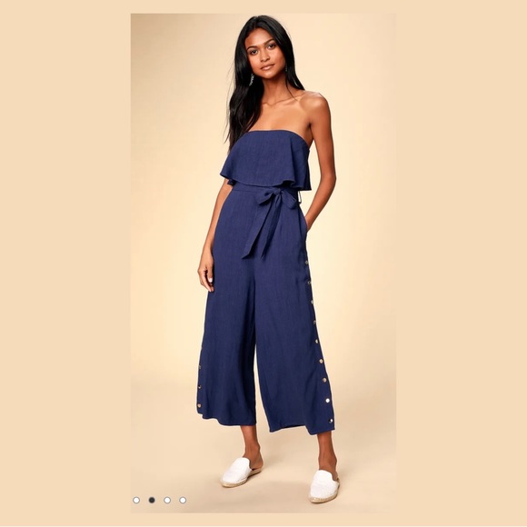 Lulu’s Lanah Navy Blue Strapless Jumpsuit Gold Buttons, Size Medium, NWT - Picture 3 of 9